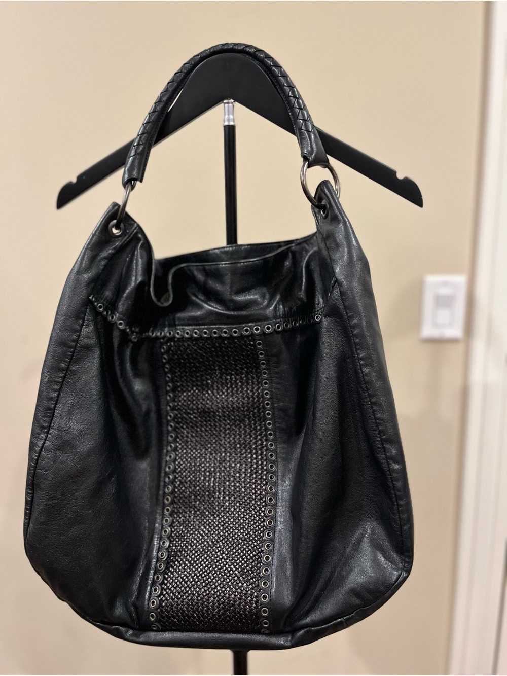Bottega Veneta Vintage 2009 Black Leather Grommet Oversized Hobo Bag